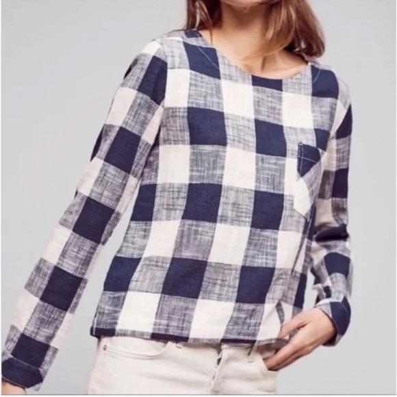 ANTHROPOLOGIE Cloth & Stone Buffalo Plaid Linen Top Button Back Large - Picture 1 of 7